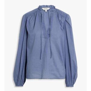 JOIE Jindrah Ruffle Trimmed Cotton Voile Long Sleeve Blouse Top Blue